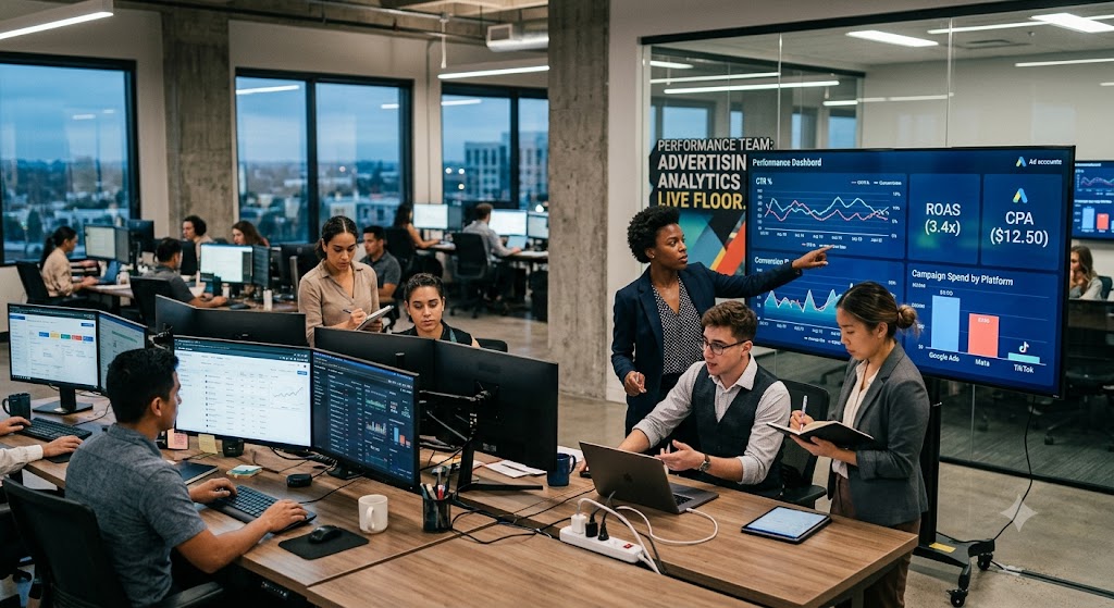 Performance team on the floor — real-time analytics and campaign optimization